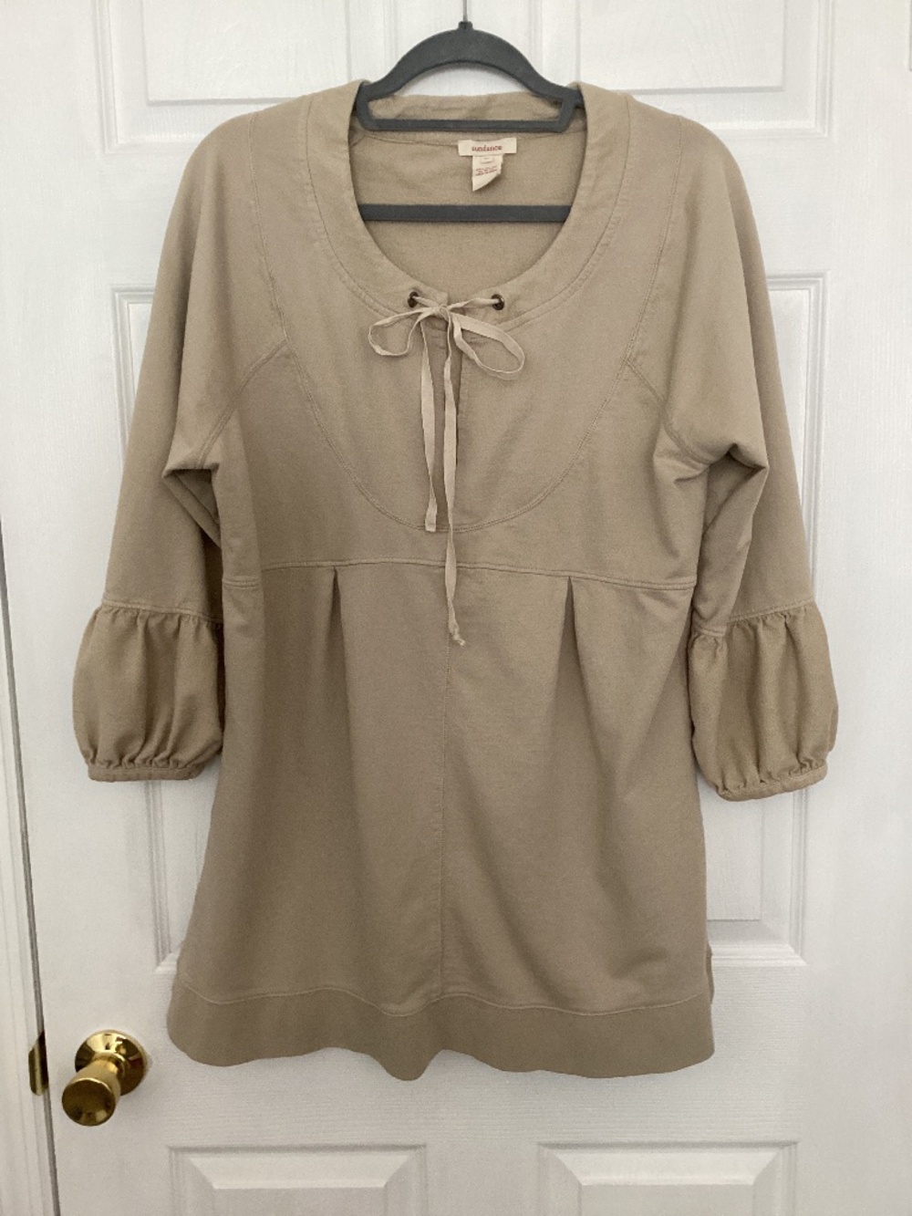 Sundance Structured Oatmeal Sweatshirt Tunic size XL Boho Pleated Tie Neck